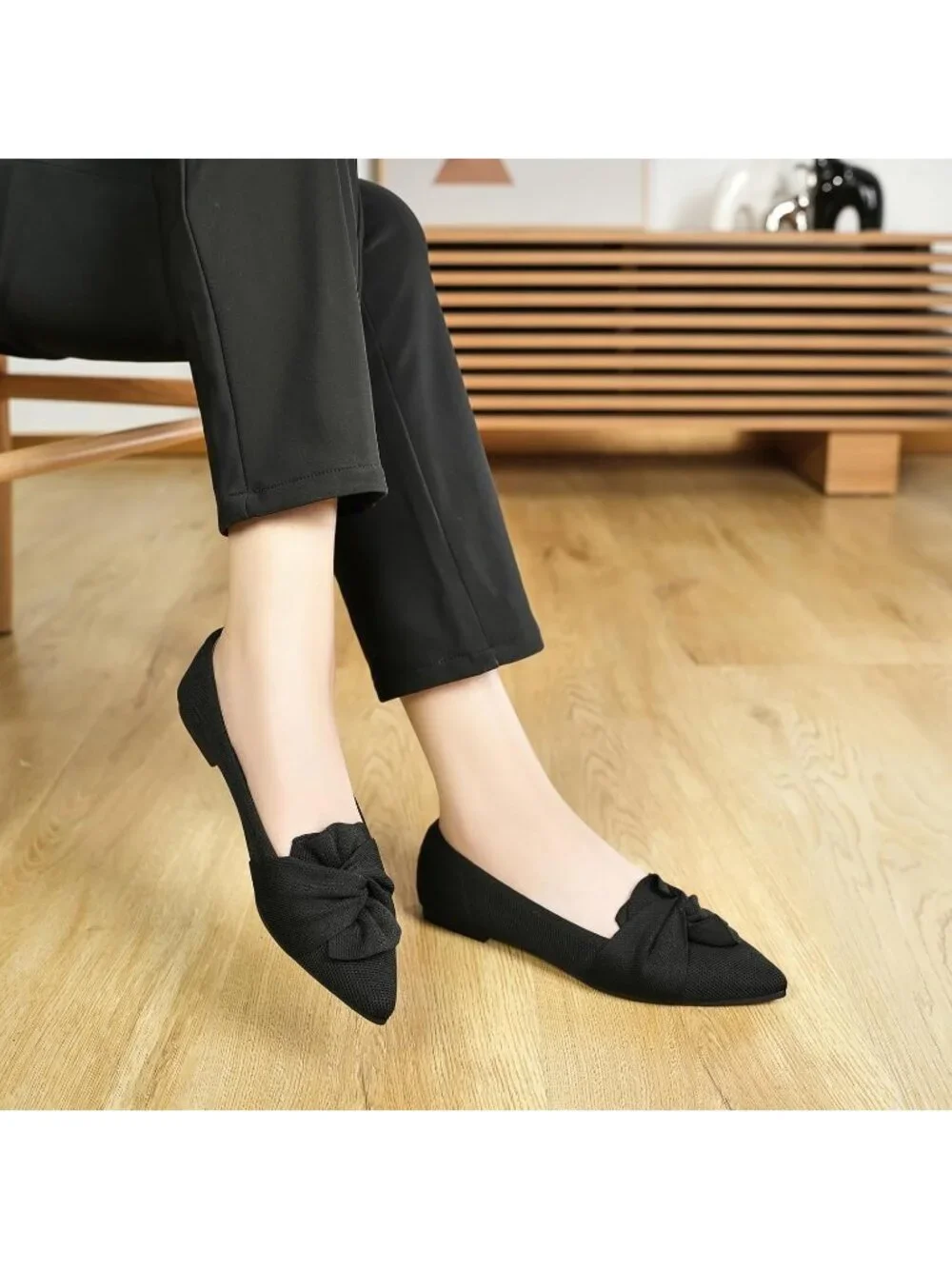 Women's Black Pointed Toe Ballet Flats with Bow Comfortable Knit Dressy Shoes